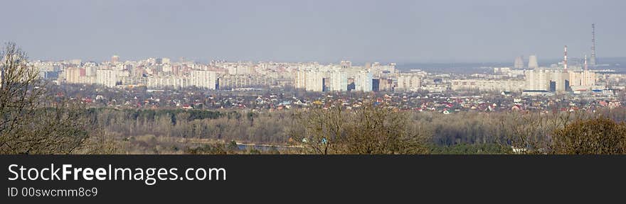 Large panoramic view of modern buildings on the left bank of Dnieper river in Kyiv, the capital of Ukraine. Large panoramic view of modern buildings on the left bank of Dnieper river in Kyiv, the capital of Ukraine