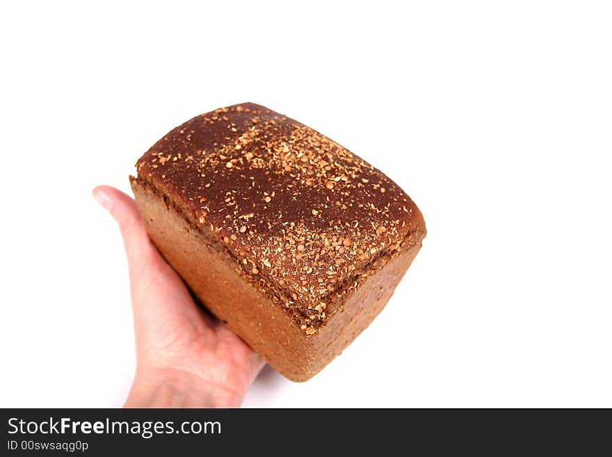 Hand with bread. White background.