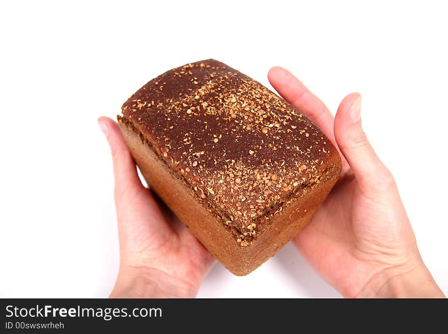 Hand with bread. White background. Hand with bread. White background.