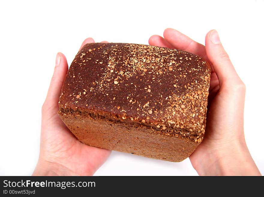 Hand with bread. White background. Hand with bread. White background.