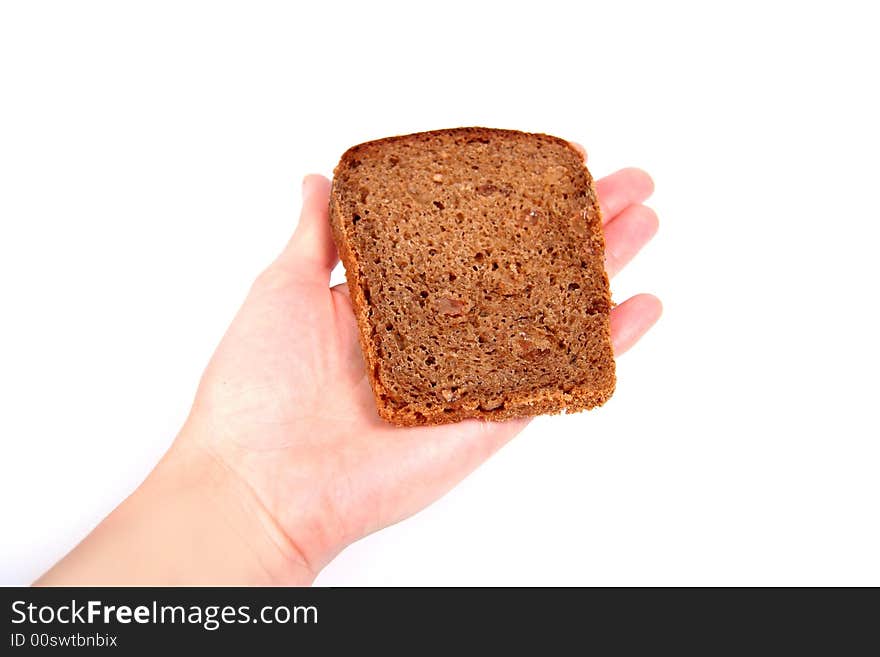 Hand with bread. White background.