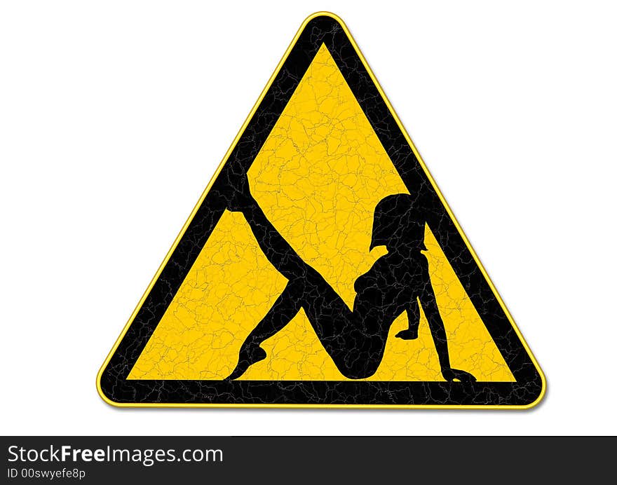 Old damaged danger sign with posing female. Old damaged danger sign with posing female