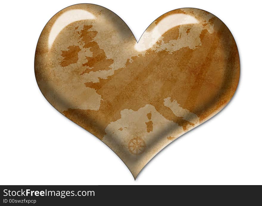 Old grunge map in isolated heart. Old grunge map in isolated heart