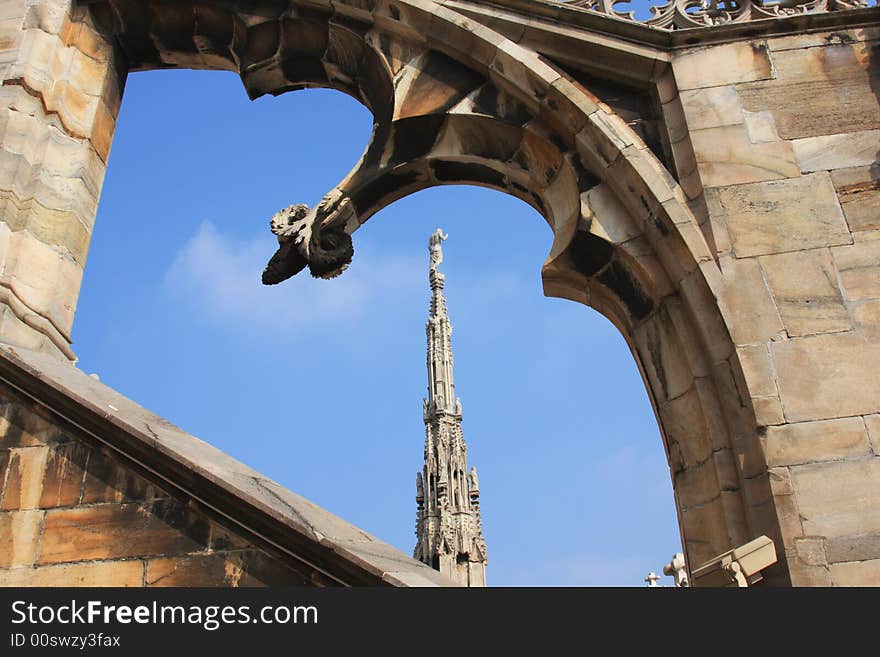 Architecture details of Milan cathedral with blue sky