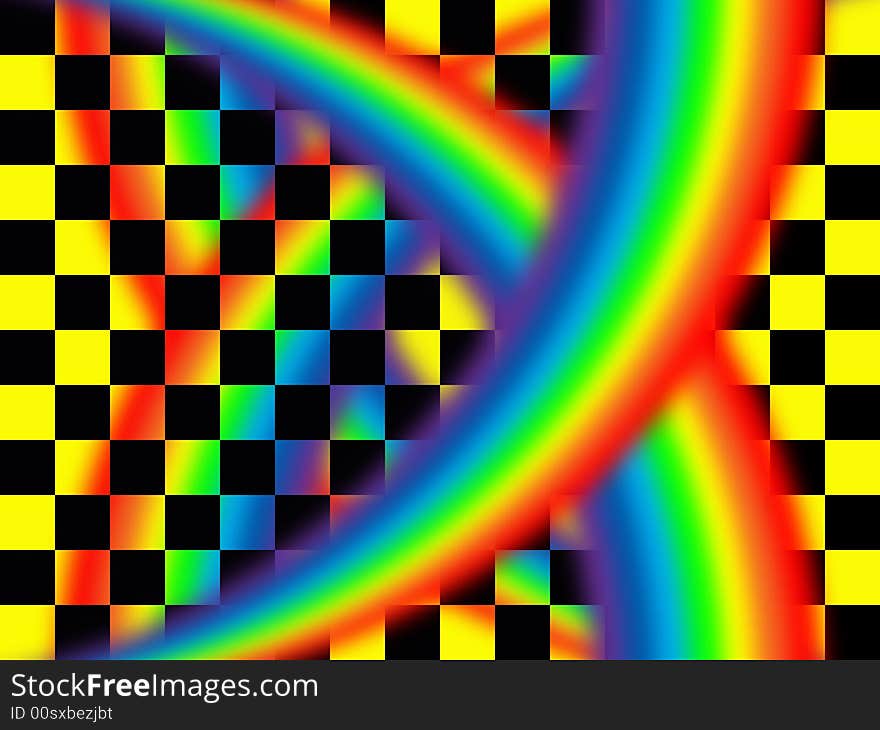 Rainbow on a background of black-and-yellow squares. Rainbow on a background of black-and-yellow squares