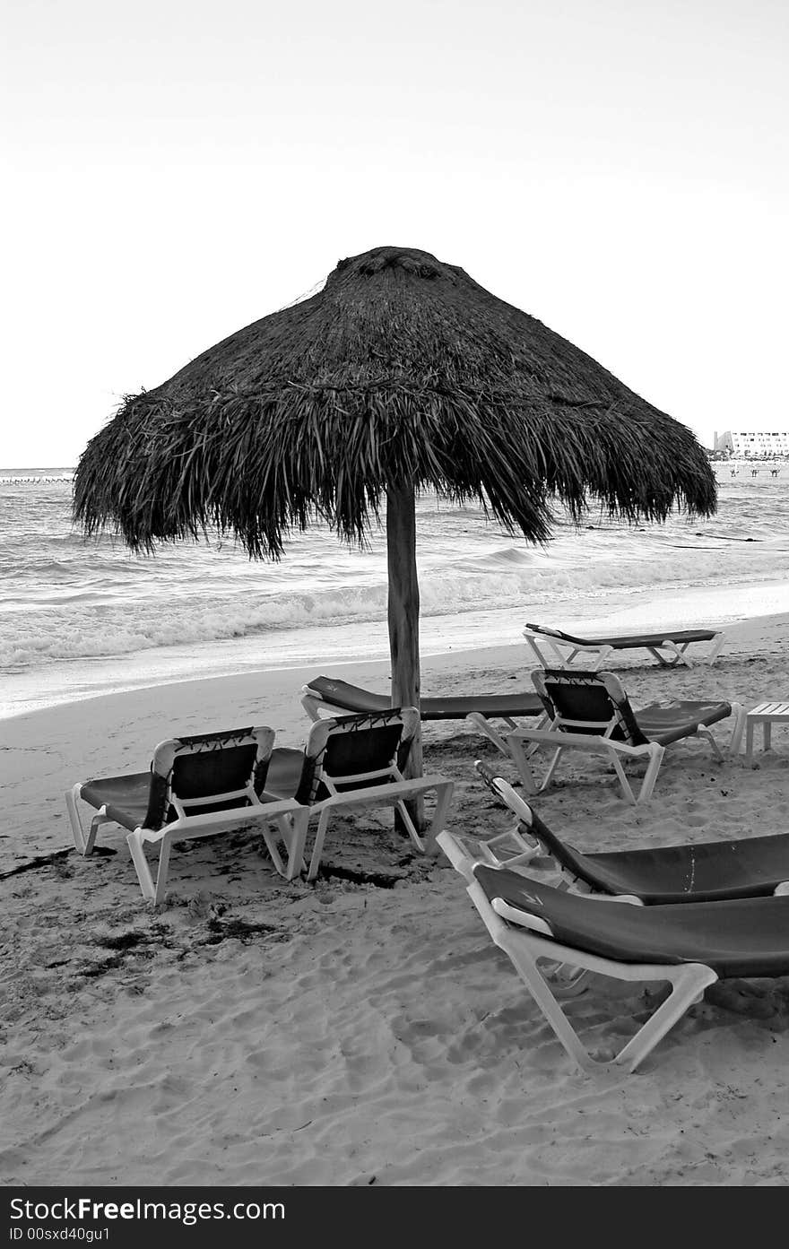 Umbrella and beach chairs in black and white