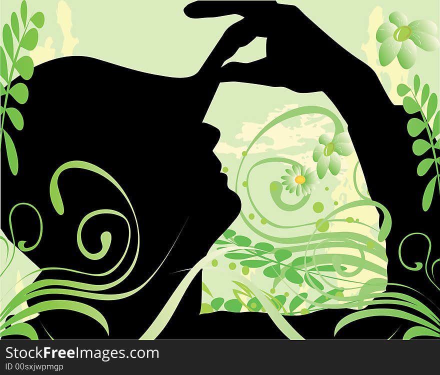 Beautiful girl with hat on green flowers background