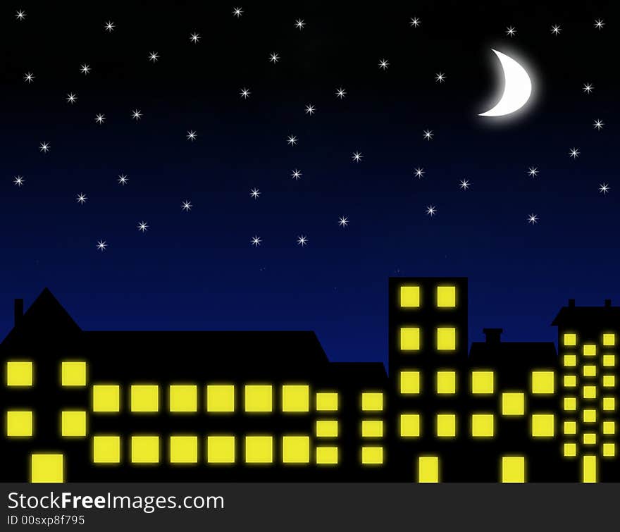 Silhouette of night city illustration