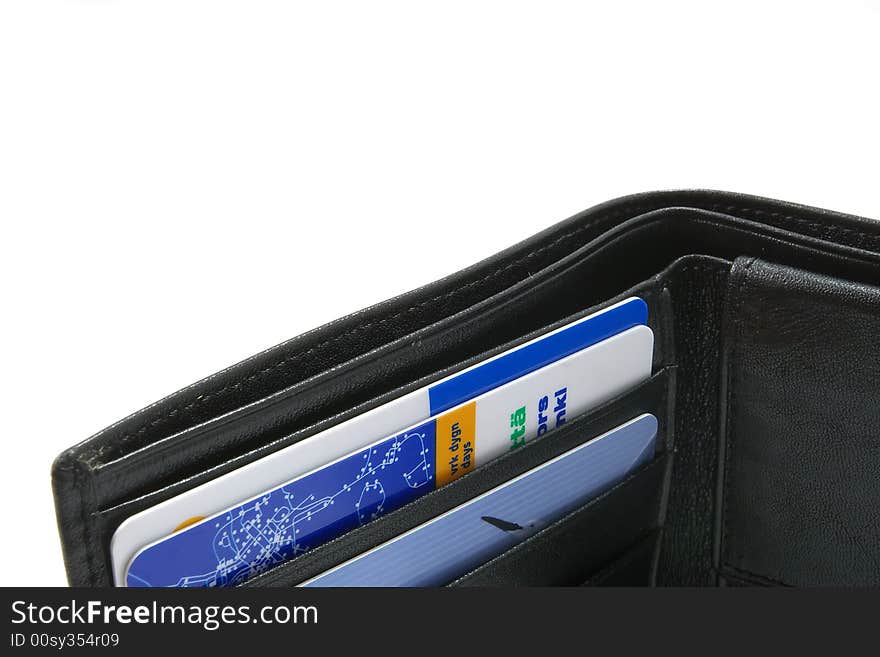 Close view of black wallet with several credit cards isolated on white