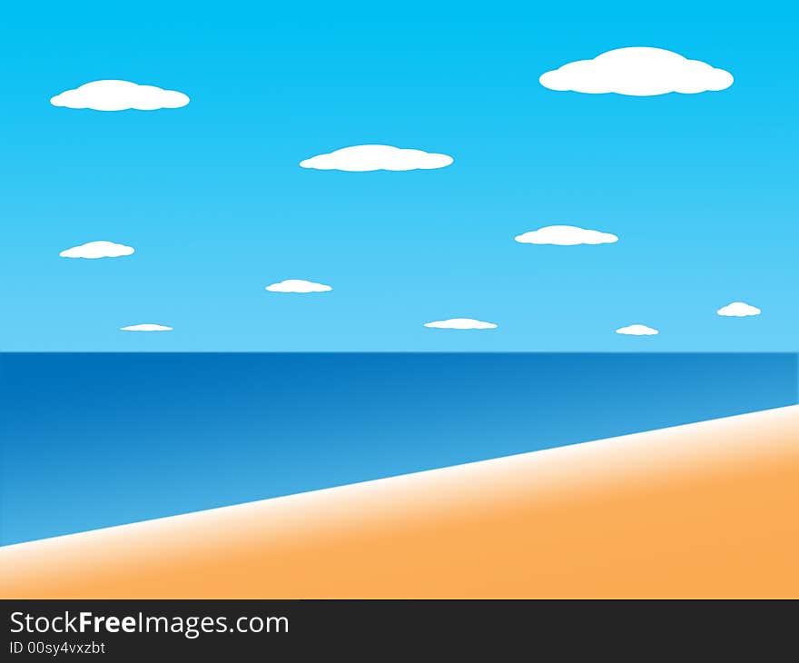 Sandy beach, the sea, the blue sky, clouds