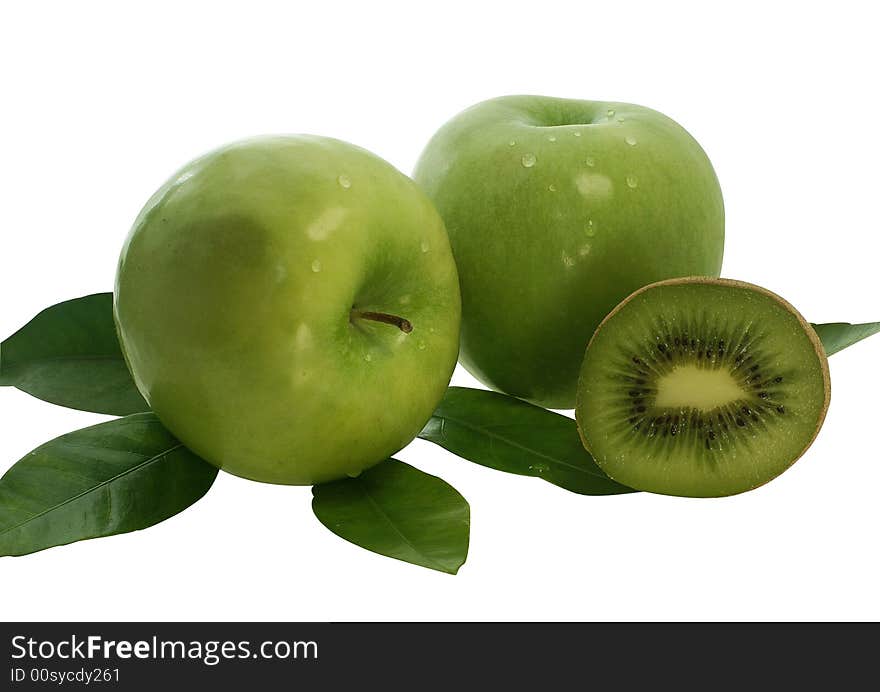 Two Green Apples And Half Of Kiwi Fruit