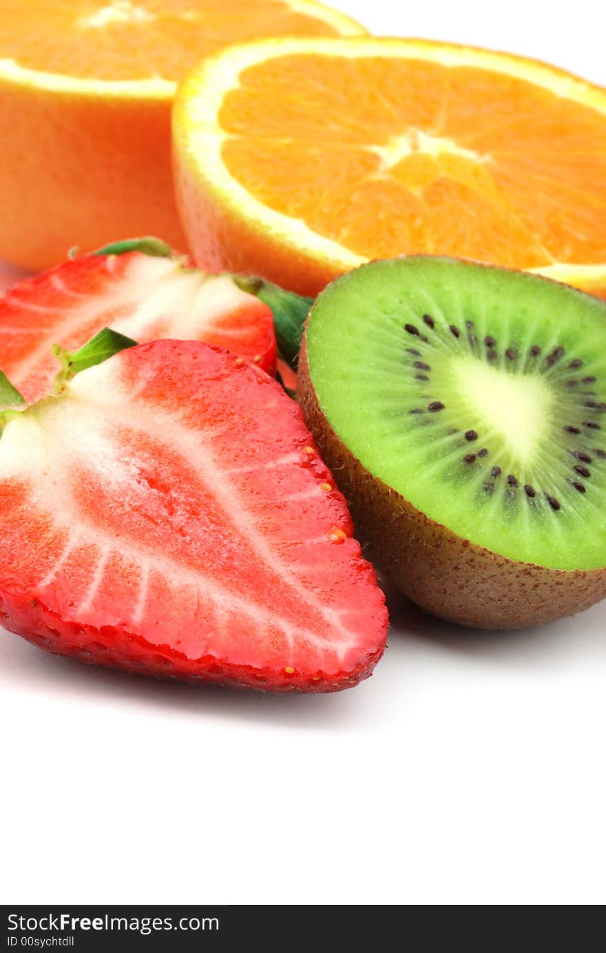 Close up of fresh fruits over white