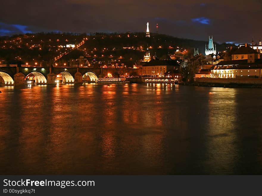 The famous Charles Bridge in Prague City at night