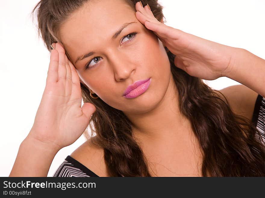 Pretty young woman thinking isolated over white