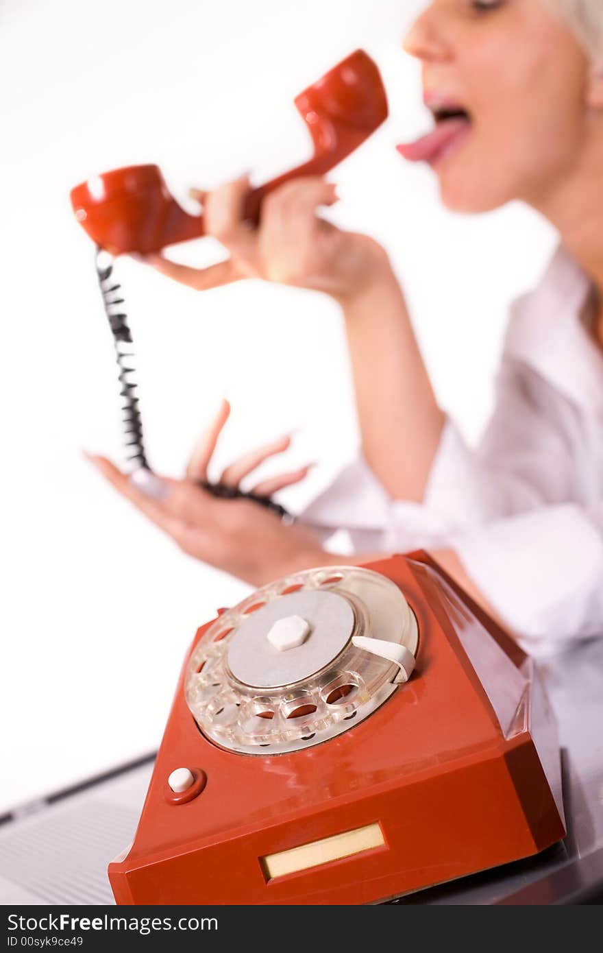 Blond caucasian model with red phone