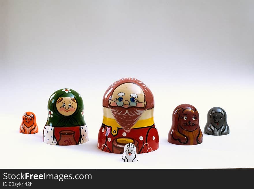 Matreshka in form of characters of Russian fairy tale Kolobok