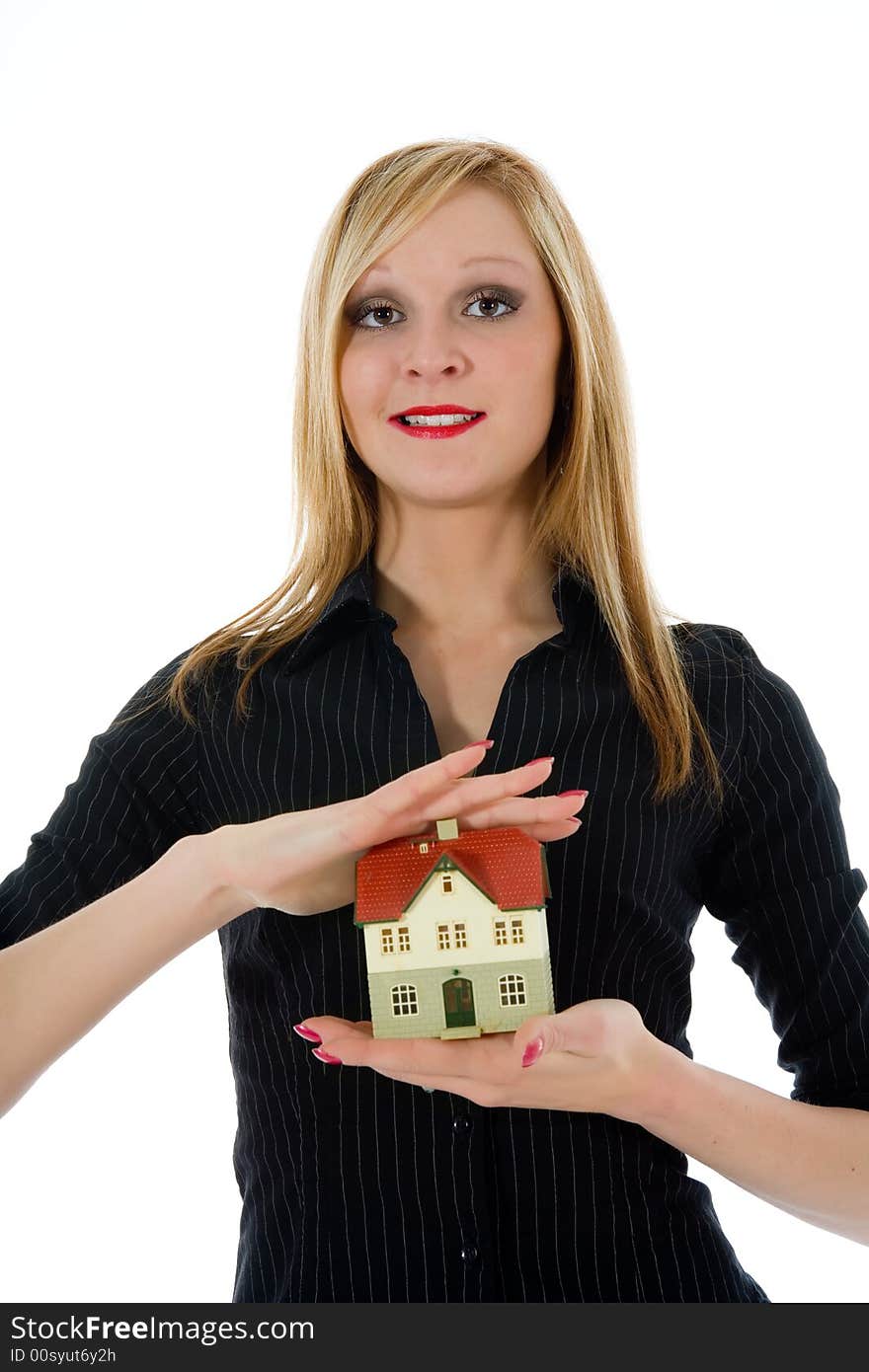 Business woman advertises real estate on white background