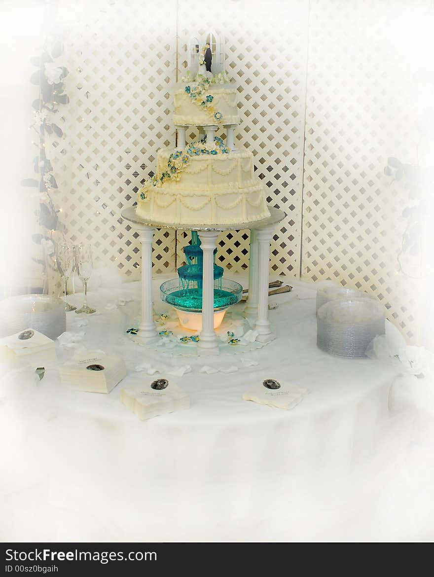 Wedding Cake with waterfall and table setting. Wedding Cake with waterfall and table setting