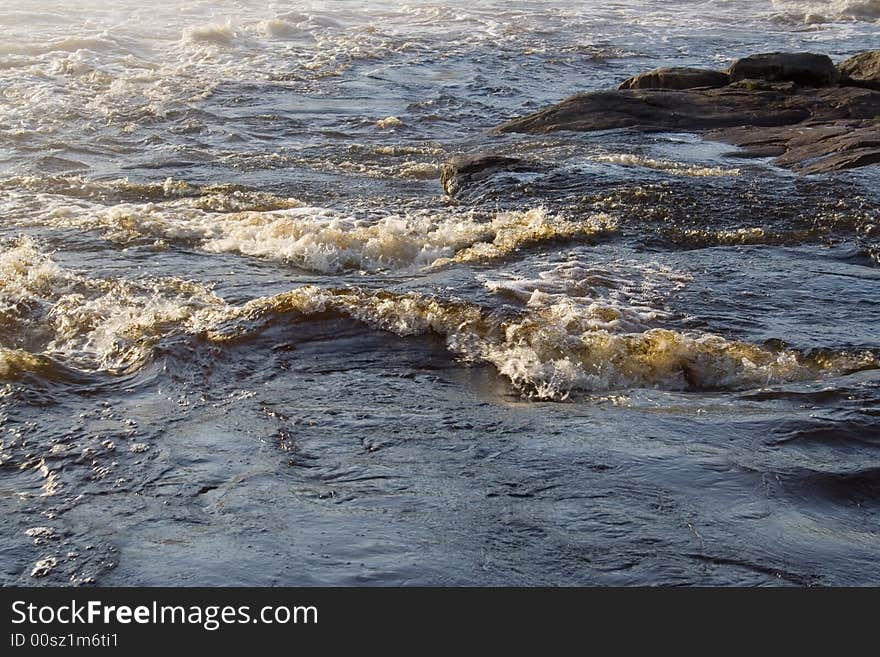 August foggy morning: river, forest, rock