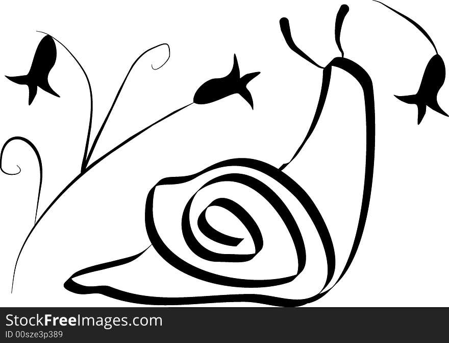 Decorative rasterized vector illustration, snail, flowers. Decorative rasterized vector illustration, snail, flowers