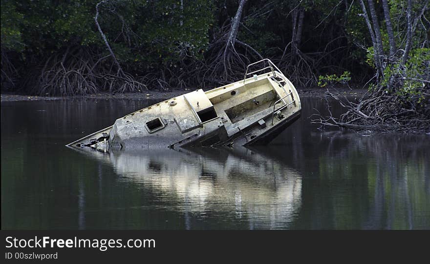 A pleasure boat sunk along the river bank. A pleasure boat sunk along the river bank.