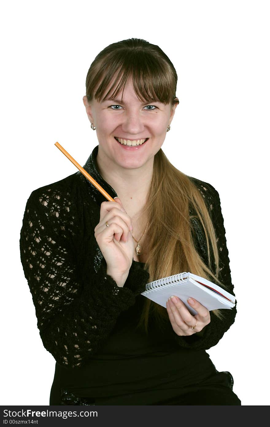 Girl with pencil and notebook, on white background