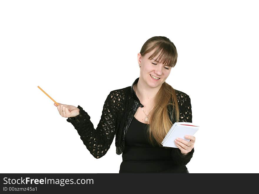 Girl with pencil and notebook, on white background