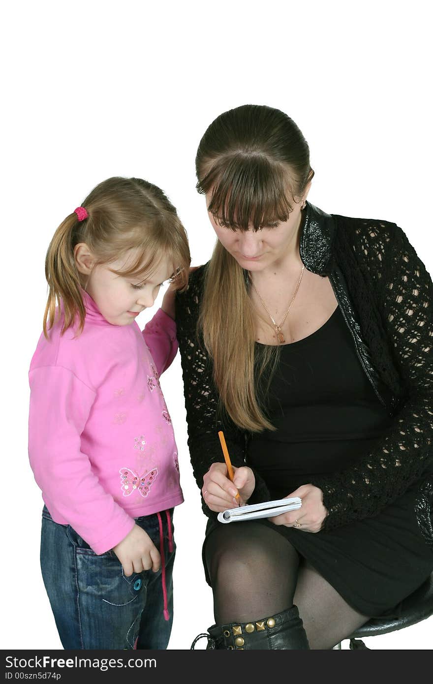 Girl with pencil and notebook, on white background, and child