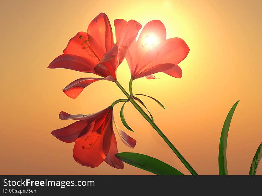 Scene red glass flowers   Executed in 3D