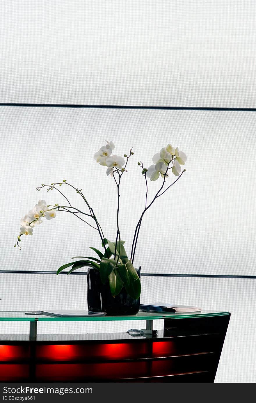 Desk with orchid flower arrangement. Desk with orchid flower arrangement