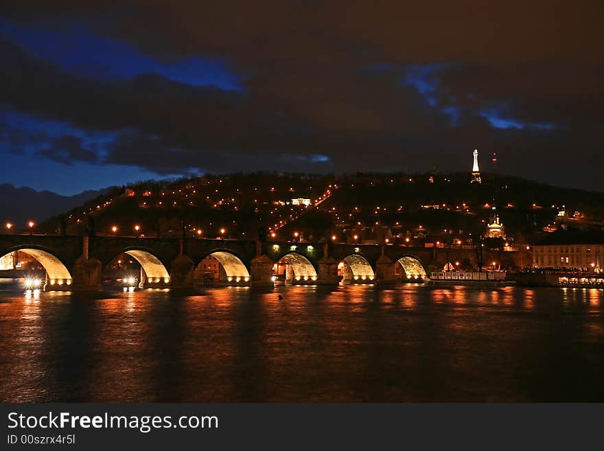 The famous Charles Bridge in Prague City at night