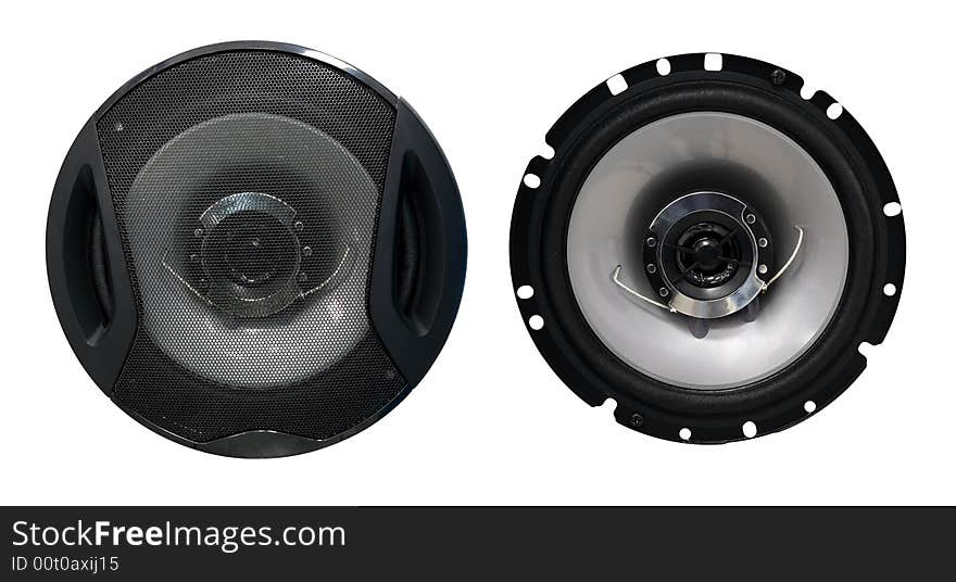 Audio speaker isolated on white background with and without protective grid. Audio speaker isolated on white background with and without protective grid