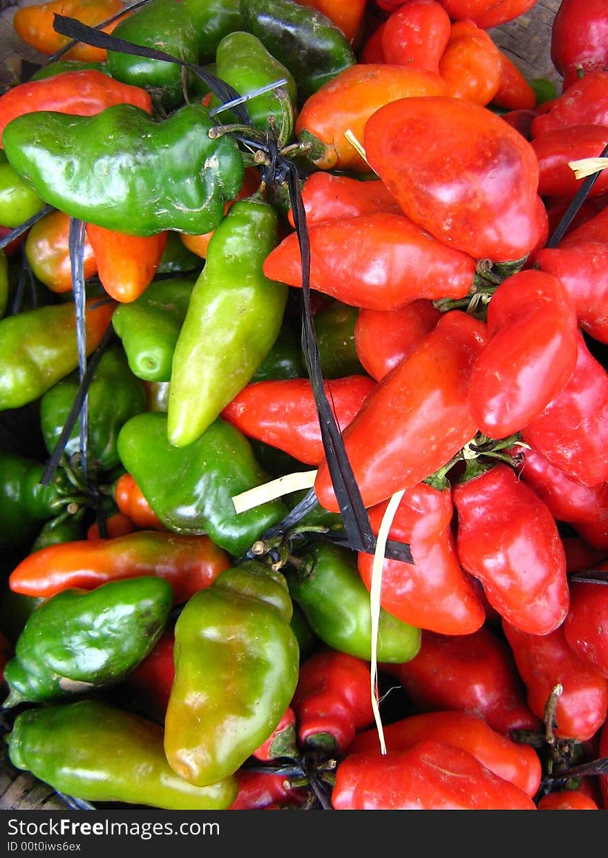 A combination of red hot and mild green chillies from the highlands in Indonesia. A combination of red hot and mild green chillies from the highlands in Indonesia.