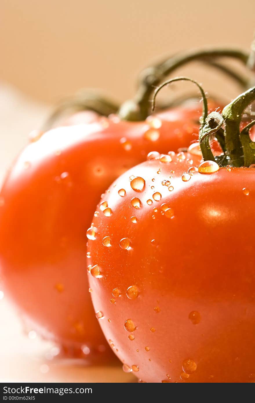 Fresh red ripe tomatoes with water drops shot with a macro lens. Fresh red ripe tomatoes with water drops shot with a macro lens