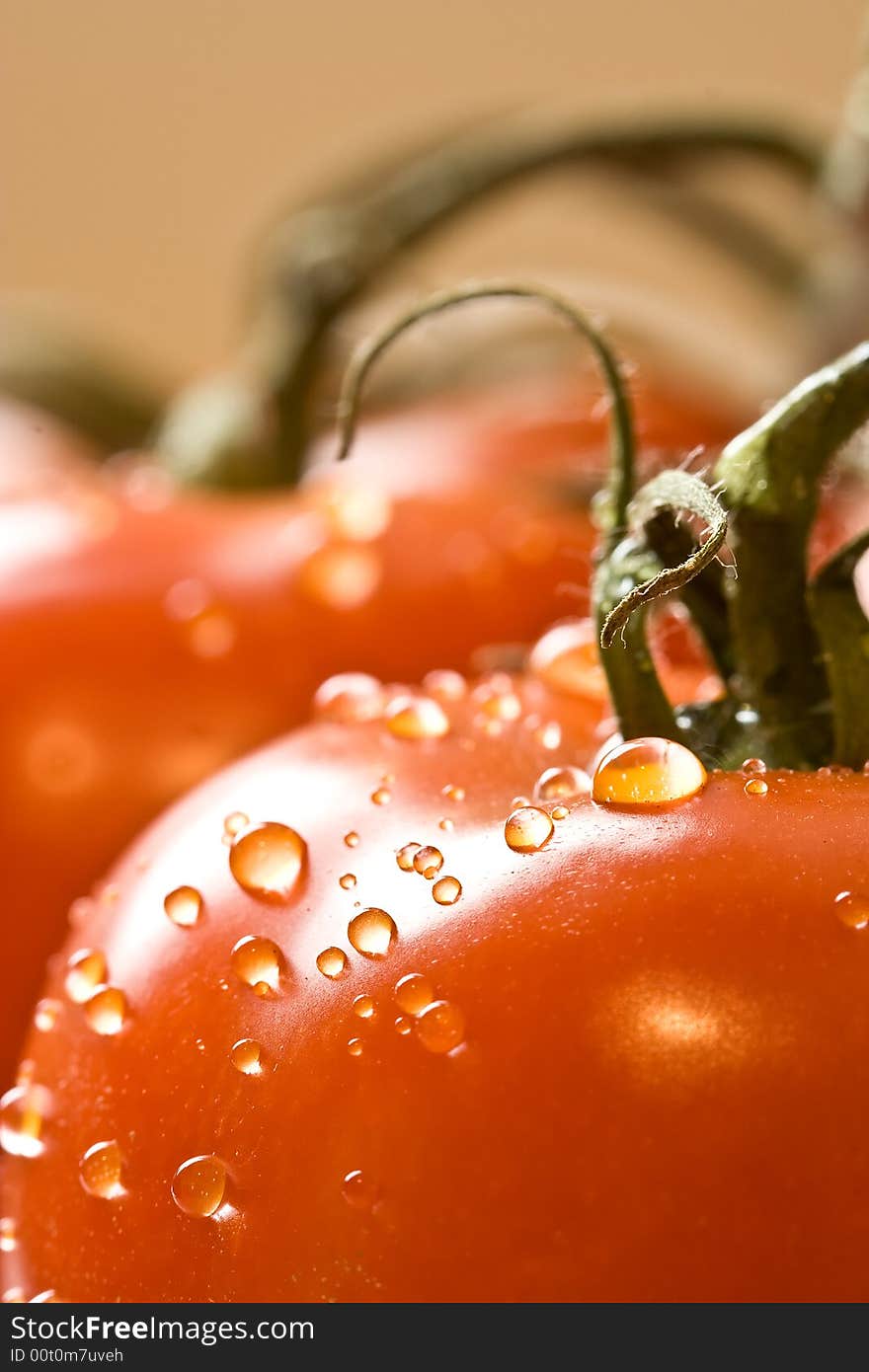 Fresh red ripe tomatoes with water drops shot with a macro lens. Fresh red ripe tomatoes with water drops shot with a macro lens