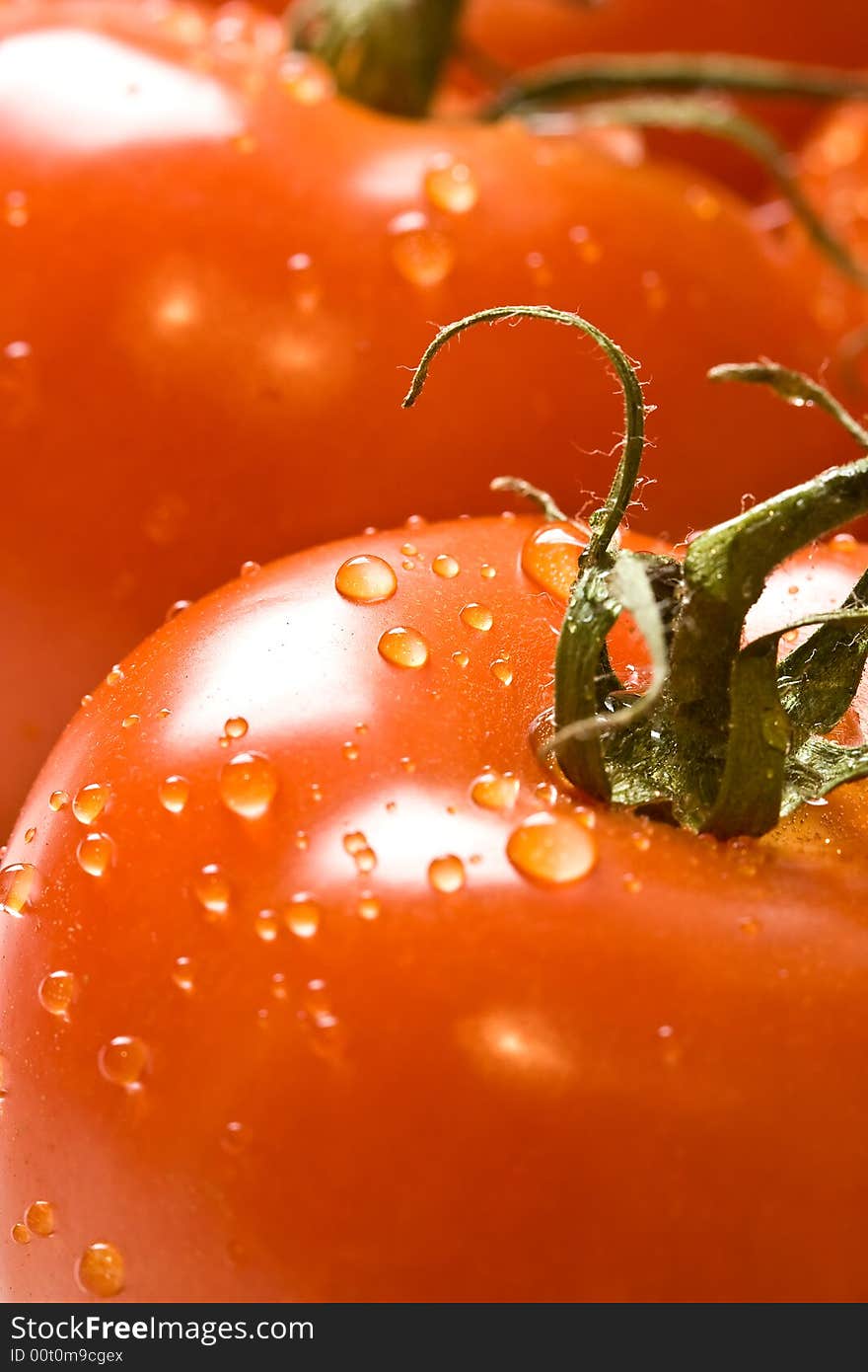 Fresh red ripe tomatoes with water drops shot with a macro lens. Fresh red ripe tomatoes with water drops shot with a macro lens