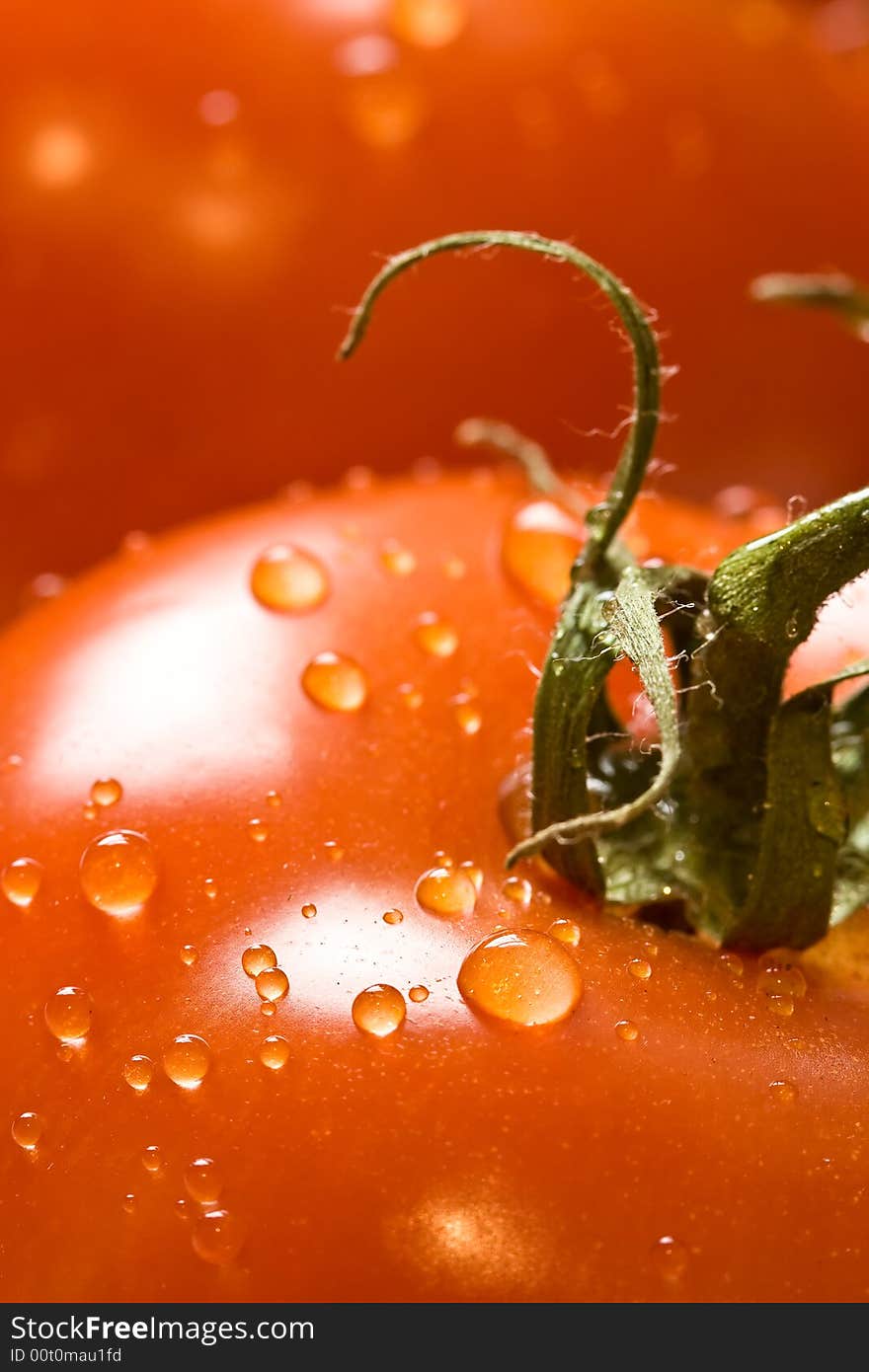 Fresh red ripe tomatoes with water drops shot with a macro lens. Fresh red ripe tomatoes with water drops shot with a macro lens