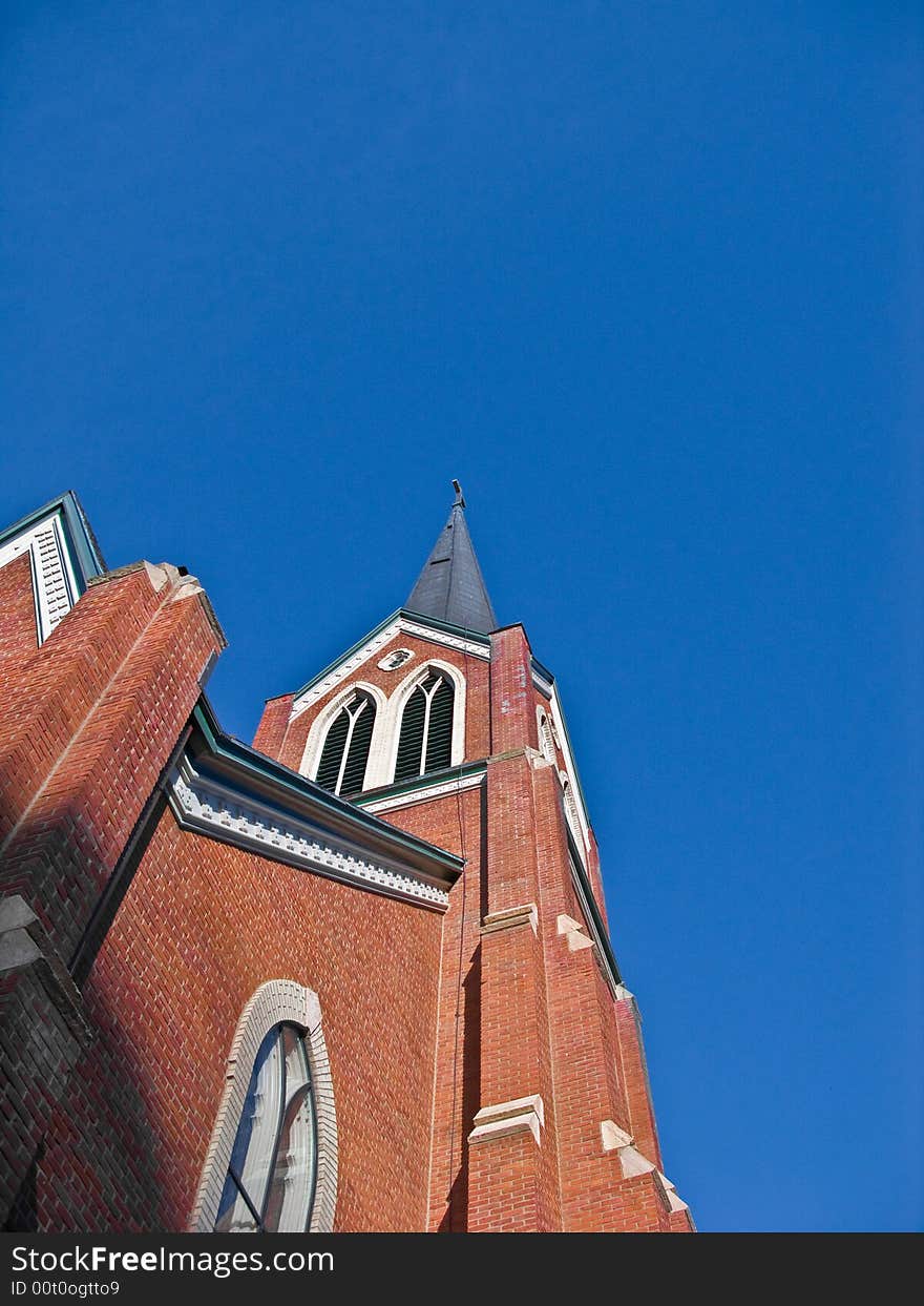 The back of a steeple, with the tower included in the frame. The back of a steeple, with the tower included in the frame.