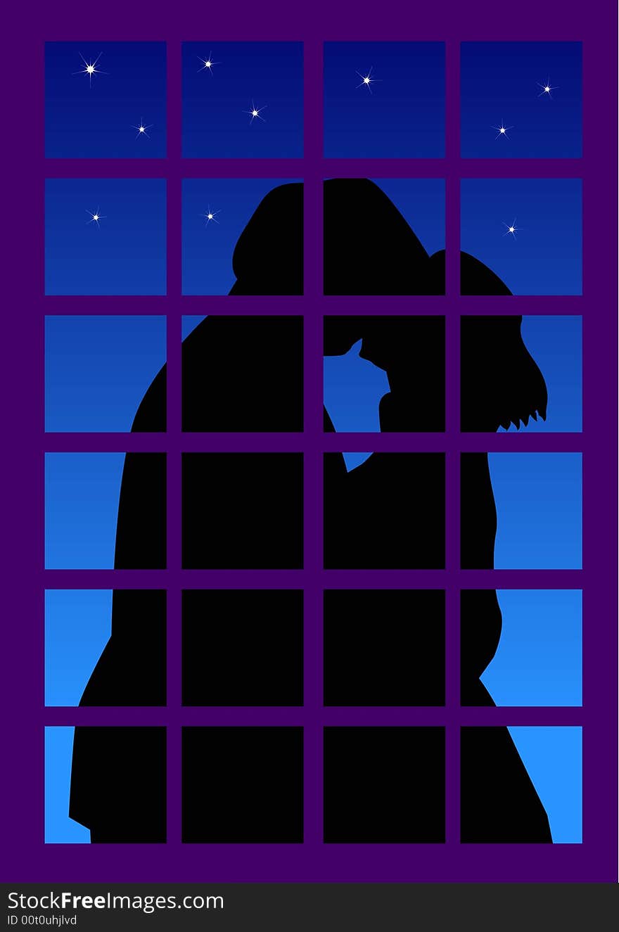 A vector illustration for a couple kissing outside the window in a beautiful night.