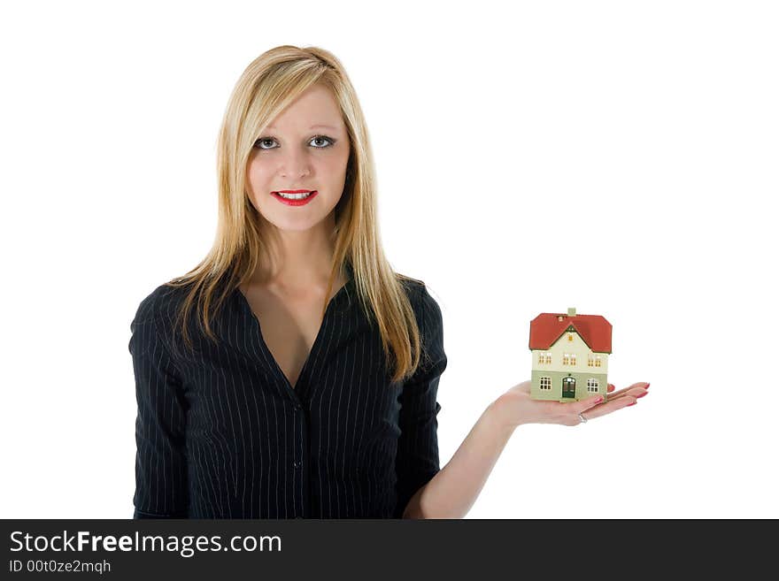 Business woman advertises real estate on white background