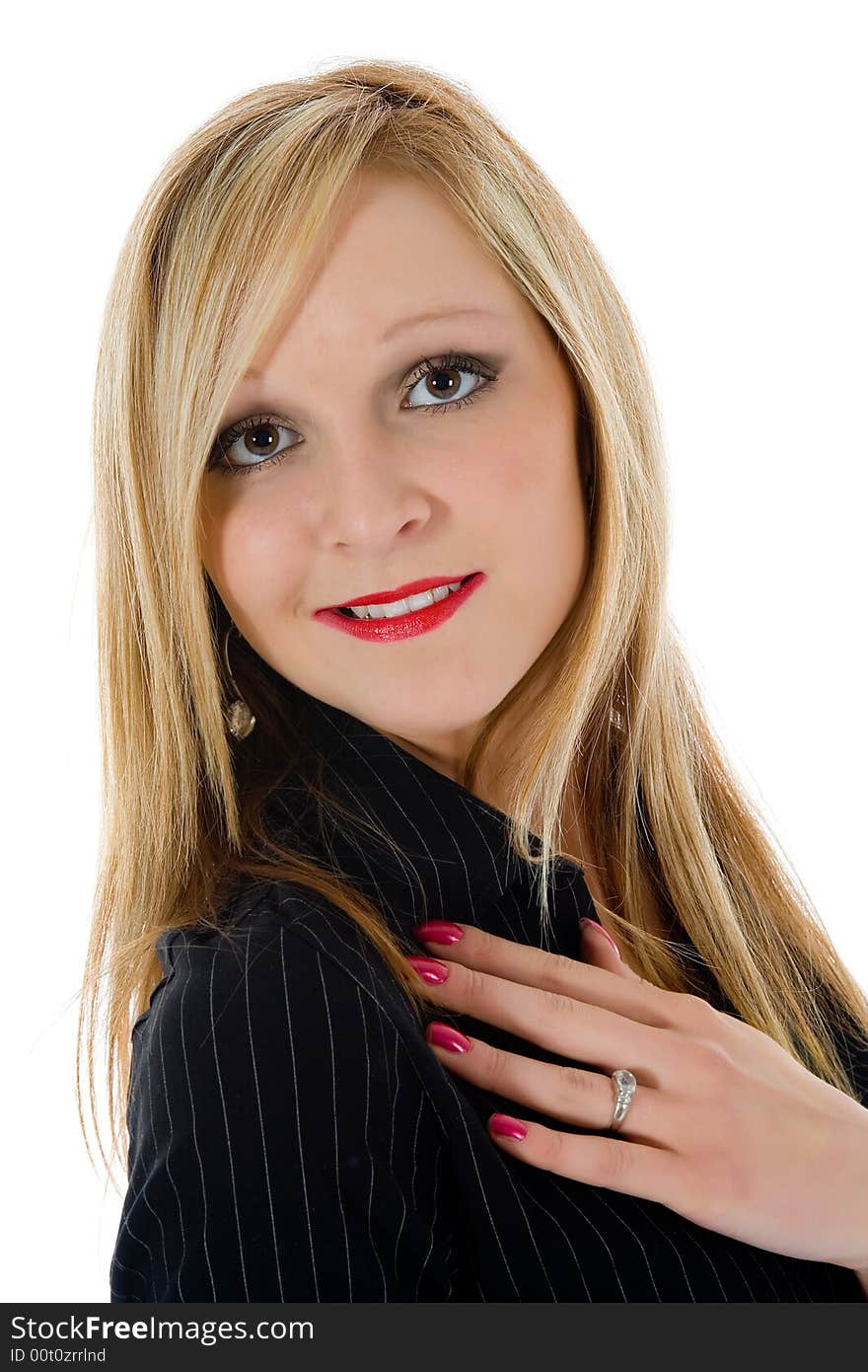 Business woman advertises selling the carsportrait woman on white background