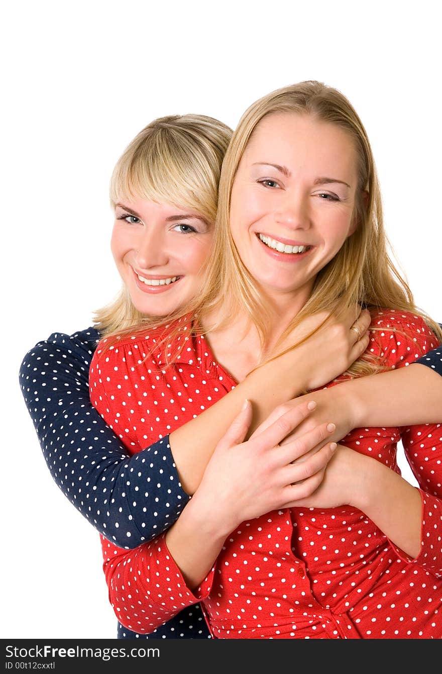 Two happy girls isolated on white background. Two happy girls isolated on white background