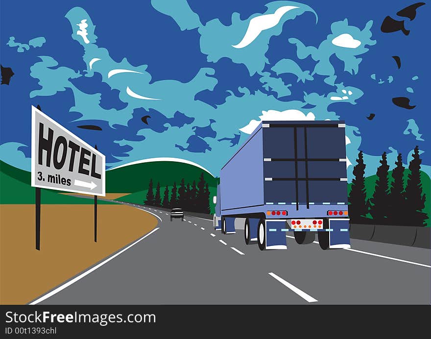 Illustration of heavy wheel on the road with hotel sign on the left side of the road