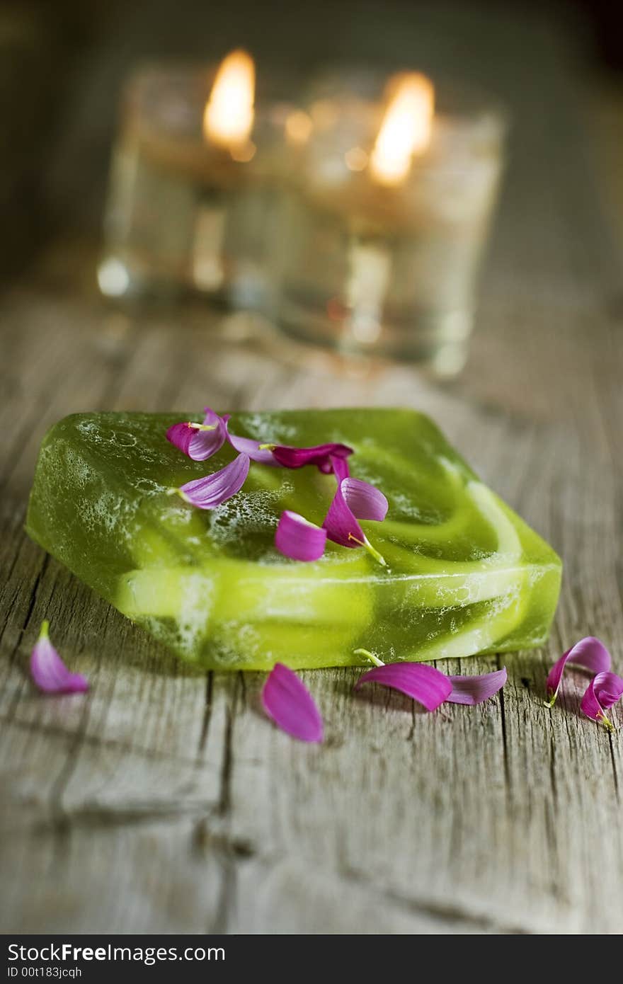 Spa accessories, green soap and candles