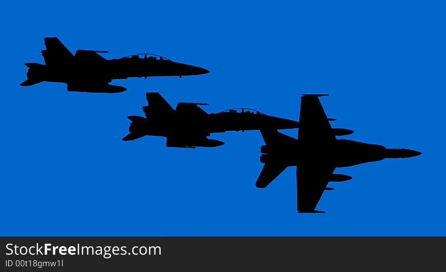 Vector of airplane Mig; blue sky and three black plane silhouettes in the sky