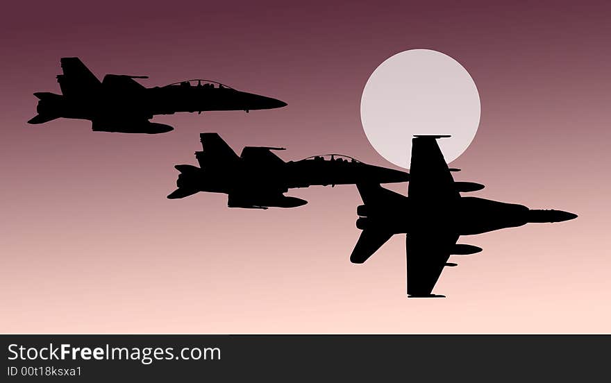 Vector of airplane Mig; pink sunset sky and three black plane silhouettes in the sky