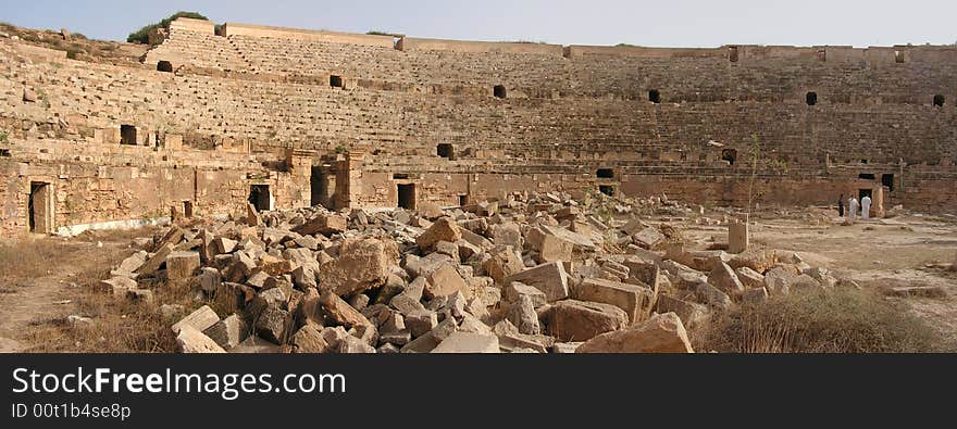 Panoramic view of ancient Roman amphitheatre. It lies about a kilometre east of Leptis Magna city centre. Libya. Panoramic view of ancient Roman amphitheatre. It lies about a kilometre east of Leptis Magna city centre. Libya.