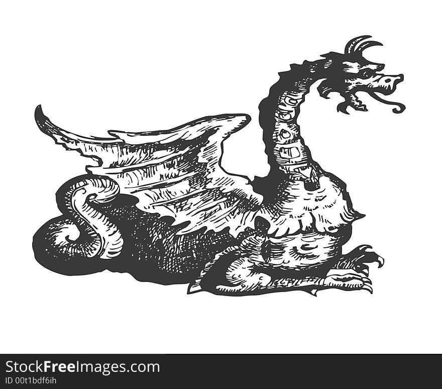 Mythical creature, etching, dragon, animal