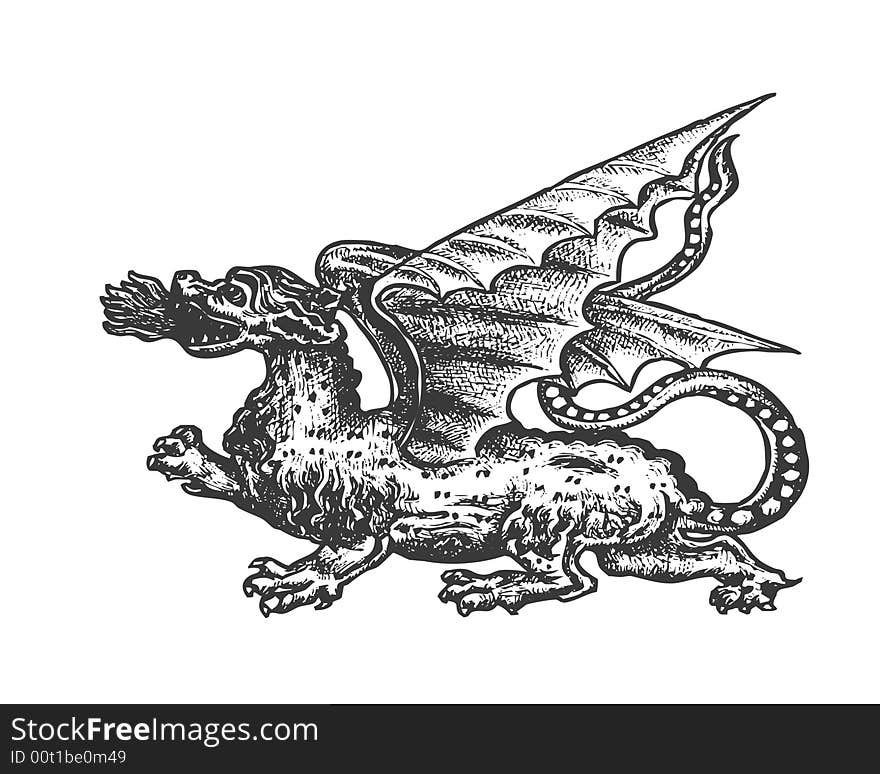 Mythical creature, etching, dragon, animal