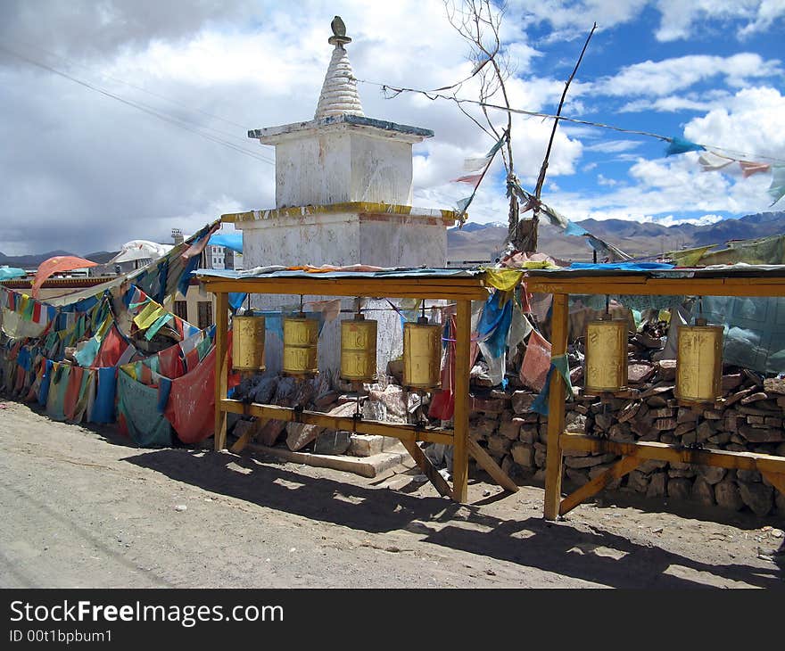 Tibetan prayer flags and prayer wheels